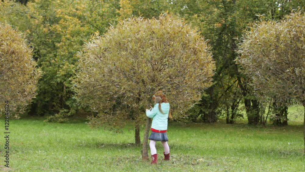Little girl shaking a tree in the park, leaves are falling Little girl shaking a tree in the park, leaves are falling
