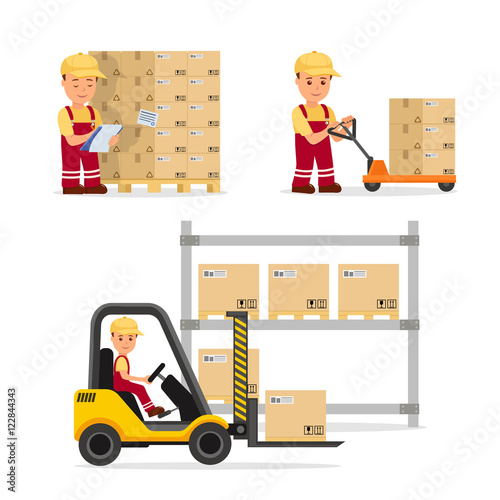 A set of vector people in the field of logistics, cargo storage and delivery. Warehouse worker in the uniform. Isolated characters for infographics and websites.