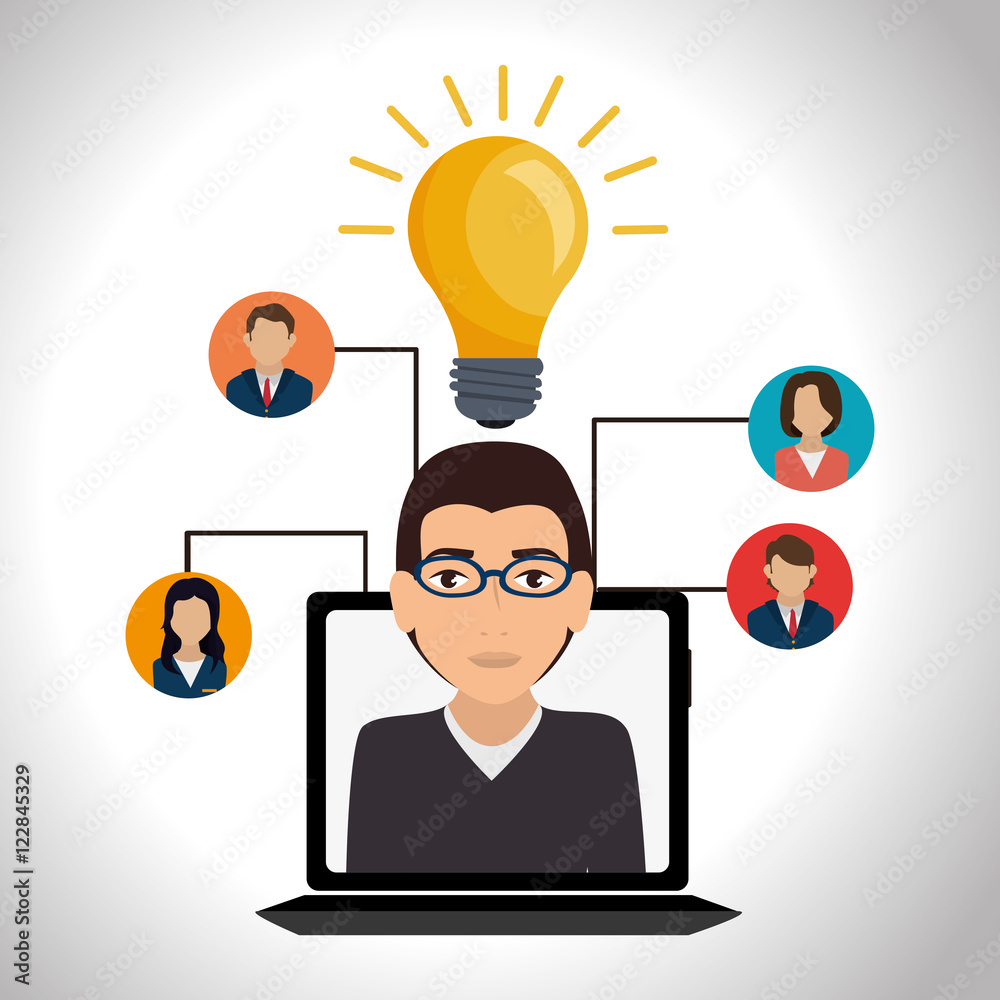 laptop and avatar man with bulb light and social media icon set. colorful design. vector illustration laptop and avatar man with bulb light and social media icon set. colorful design. vector illustration