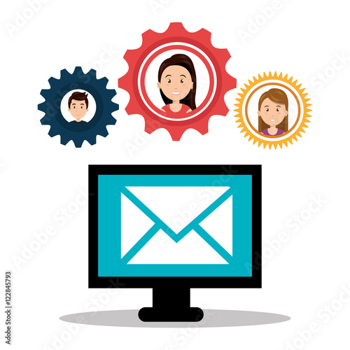monitor computer with envelope mail and woman and man inside colorful gear. vector illustration