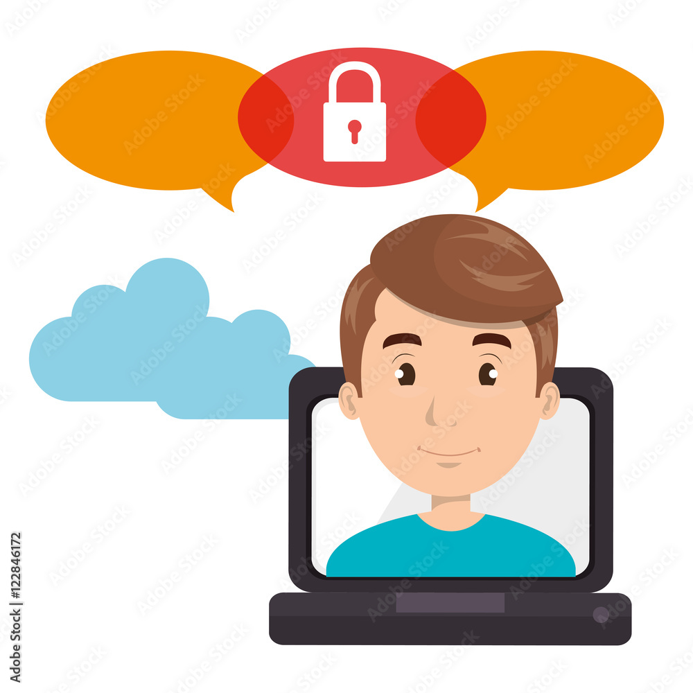 laptop and avatar man smiling and colorful speech bubbles and padlock. vector illustration laptop and avatar man smiling and colorful speech bubbles and padlock. vector illustration