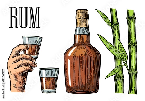 Glass and bottle of rum with sugar cane.
