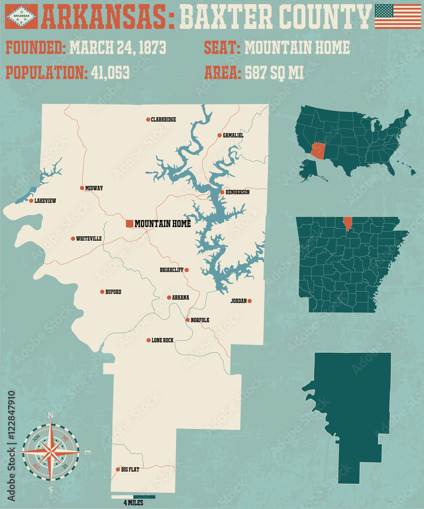 Large and detailed map of Baxter County in Arkansas vector de Stock
