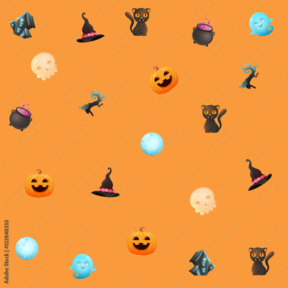 Orange Halloween background with pumpkin and skull. Vector illustration