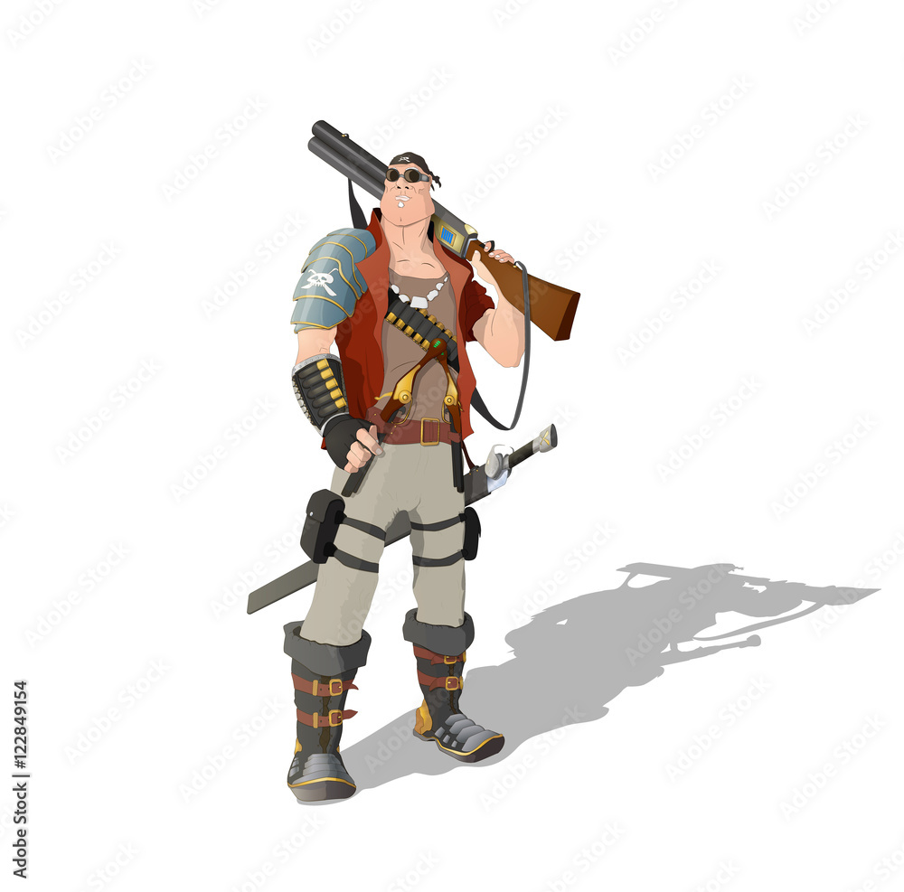 Space pirate man standing with rifle, pistols and sword Space pirate man standing with rifle, pistols and sword