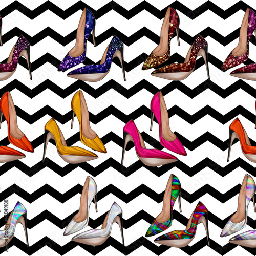 Seamless Pattern - All over background with stiletto shoes in various bright colors

