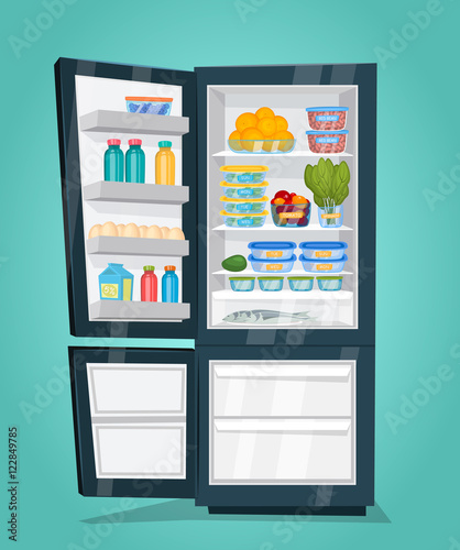 Refrigerator full of food. Opened fridge filled with daily products vector illustration. Saving freshness of products. Space organization in freezer. Week nutrients supply. For diet concepts design