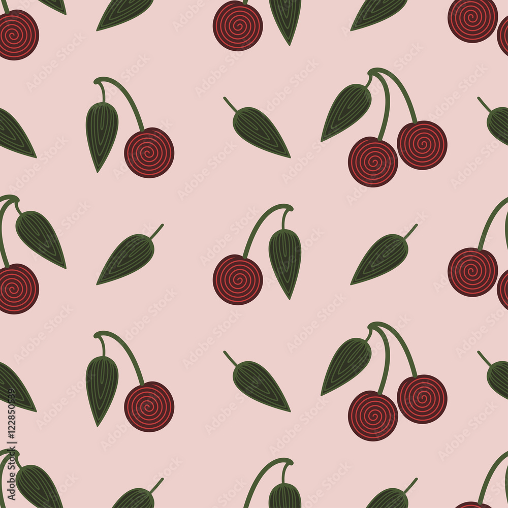 Obraz premium Seamless background pattern with repeating cherries on the pink background. Vector eps illustration