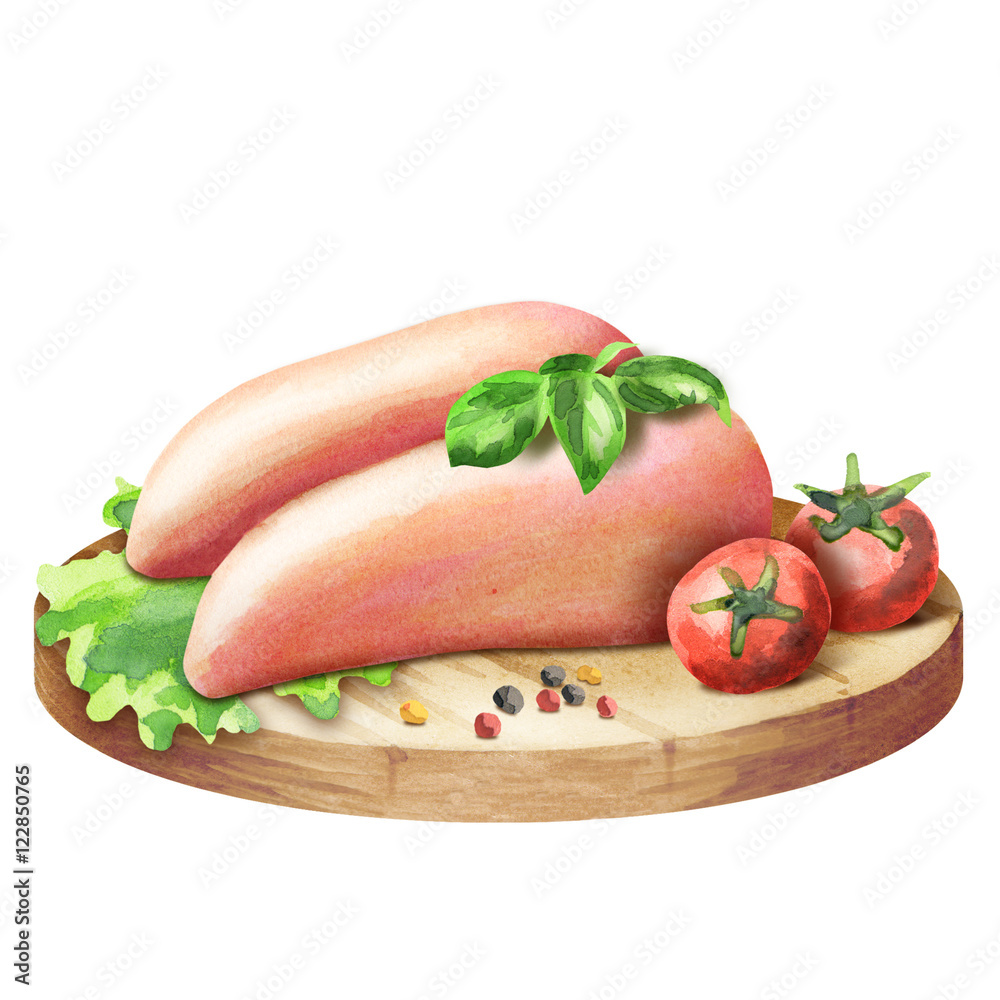 Chicken fillet with tomatoes and herbs on a plate. Watercolor Chicken fillet with tomatoes and herbs on a plate. Watercolor