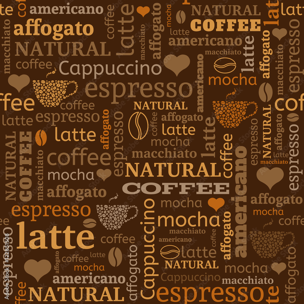 Naklejka seamless background with typography from words, coffee beans and