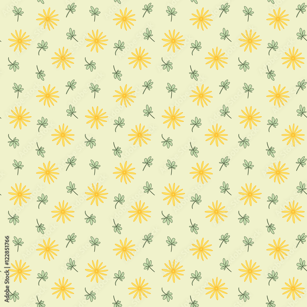 Seamless background pattern with repeating flowers and leaves on the yellow background. Vector eps illustration Seamless background pattern with repeating flowers and leaves on the yellow background. Vector eps illustration