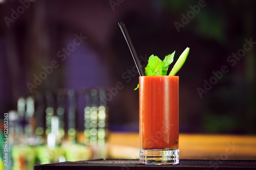 Canvas Print Bloody Mary at the bar counter. Classic cocktail.