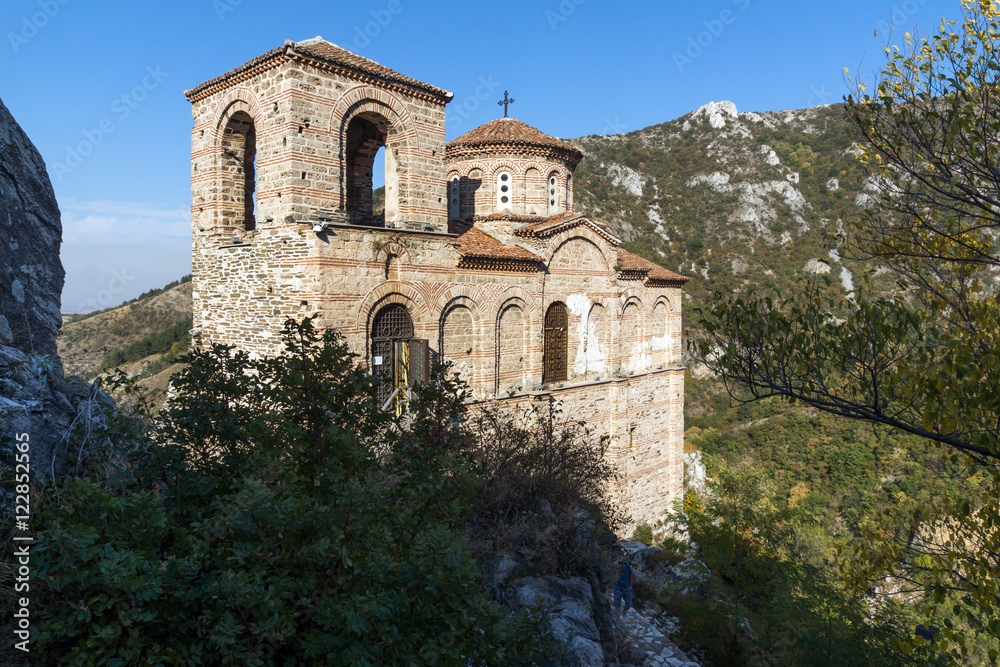 Church of the Holy Mother of God in Asen's Fortress and Rhodopes mountain, Asenovgrad, Plovdiv Region, Bulgaria