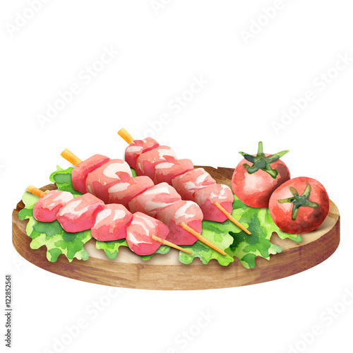 Raw beef on skewers for barbecue with lettuce and tomatoes on a plate. Watercolor