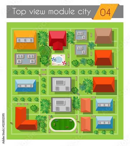 Top view of a highway in the city with houses trees and streets