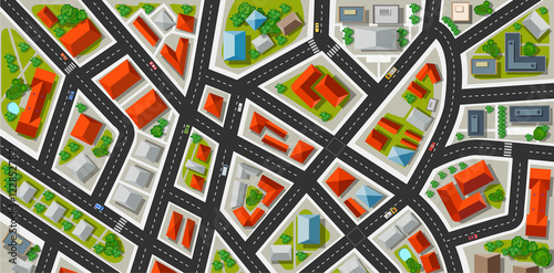 Top view of a highway junction and a traffic intersection in the city with houses, trees and streets