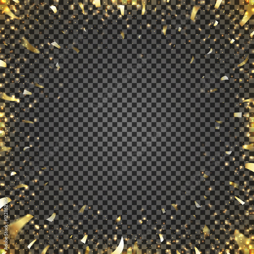 Golden confetti flying to center of image. Vector illustration. Transparent sunbeams. Shiny background with lights of sparks. Sunburst effect.
