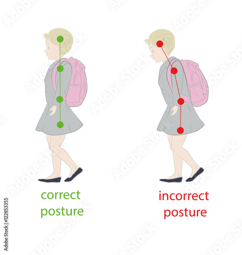 correct posture student carrying a backpack. vector illustration.