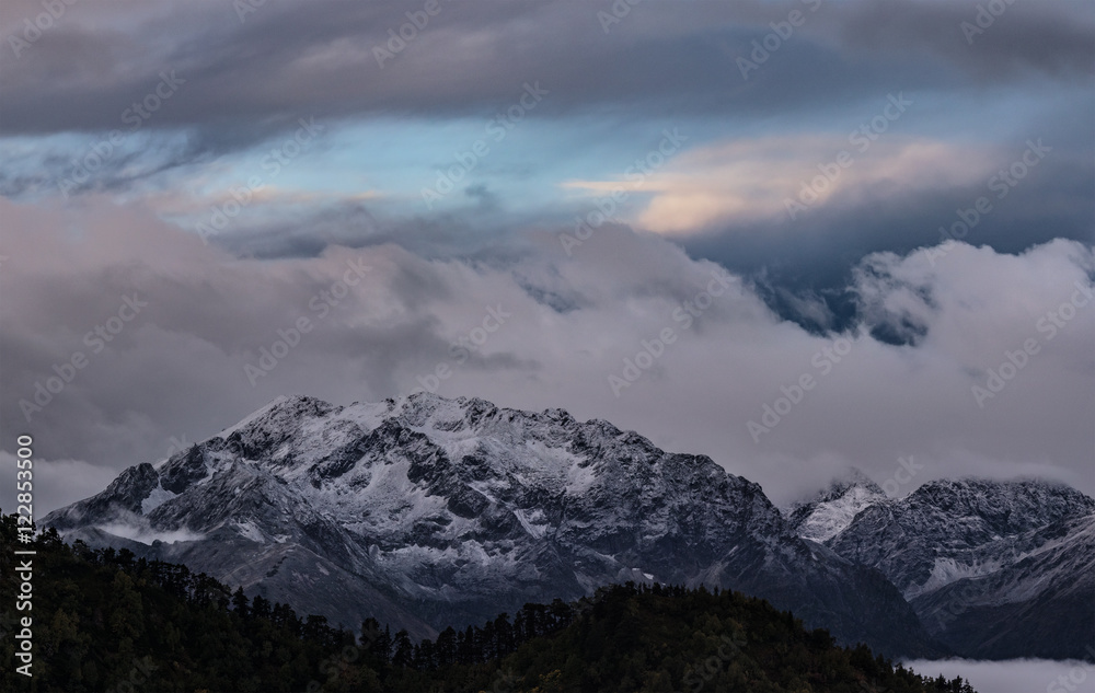 Greater Caucasus Mountain Range in twilight. Caucasus mountains.
