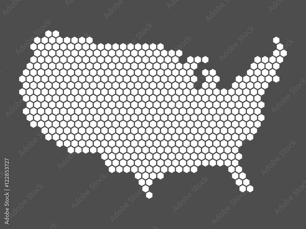 Abstract vector map of United States of America, aka USA. Simple flat mosaic map of white hexagons on dark grey background in a shape of US.