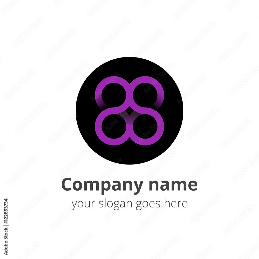 Infinite limitless violet symbol icon or logo gradient and flat design template on dark circle background.