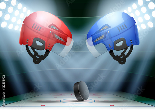 Ice hockey Poster with helmets and puck. Horizontal Background night stadium in the spotlight. Editable Vector Illustration.