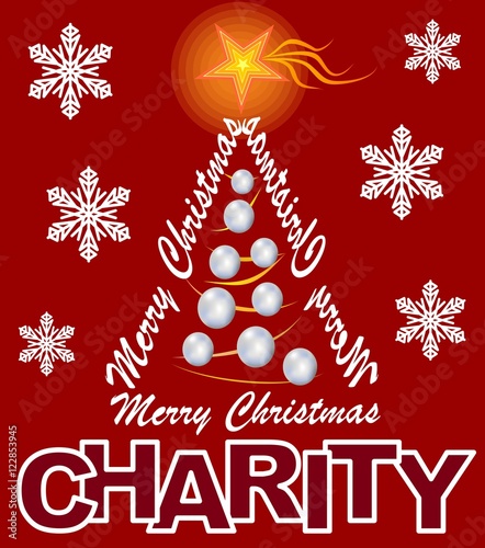 Charity flyer with Christmas tree composed of letters - inscription Merry Christmas.