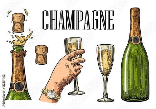 Bottle of Champagne explosion and hand hold glass.