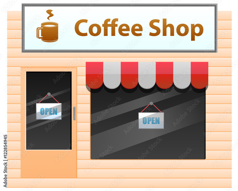 Small coffee shop with open sign on the window vector icon Small coffee shop with open sign on the window vector icon