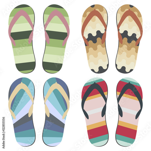 Set of Beach Slippers. Colorful Flip Flops Over White Background
