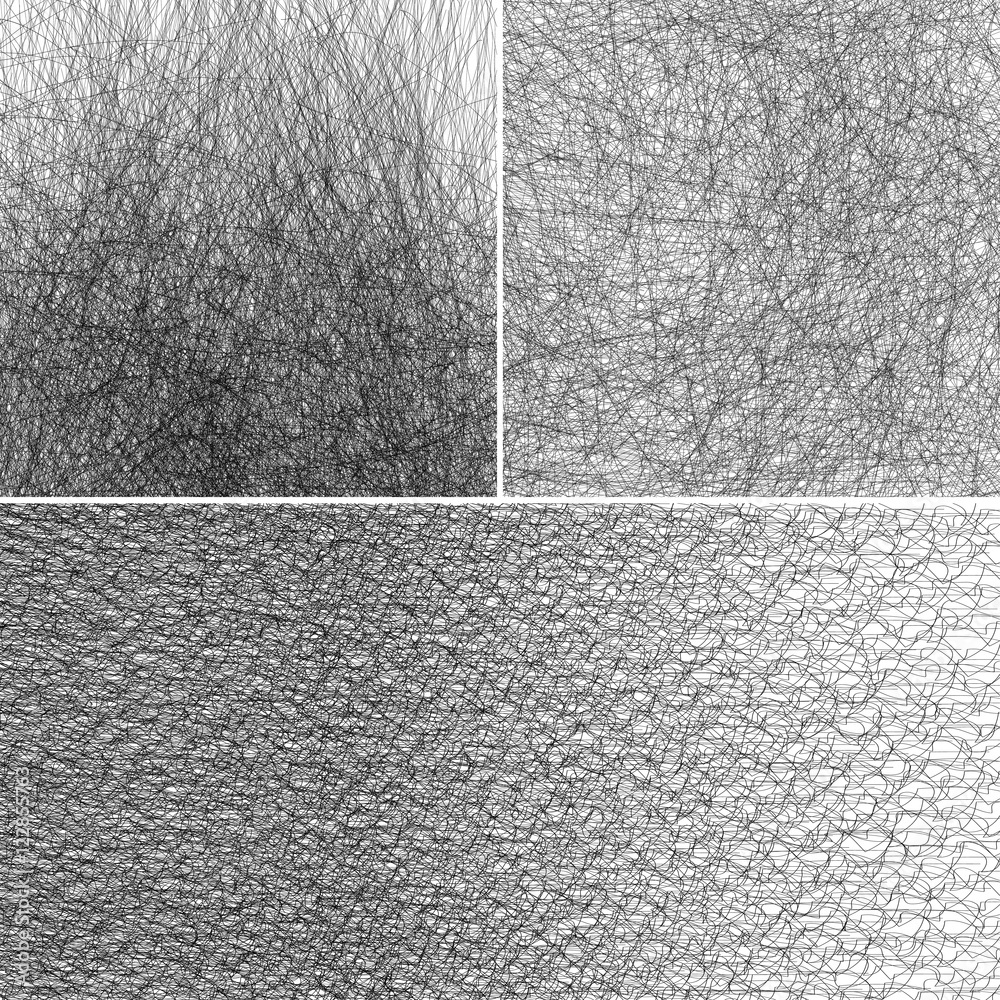 Fototapeta premium Vector abstract ink lines. Minimal line art background. Set of three wire textures. Halftone drawing textures.