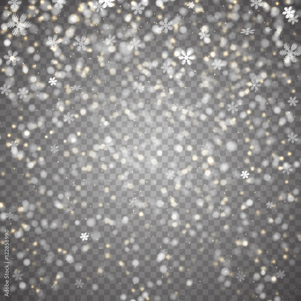 Fototapeta premium Transparent background with snowfall. Vector illustration. Backdrop with effect of falling snowflakes.