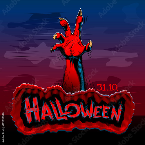 Halloween background with rising zombie hand at night; Title of the evil spirits holiday is written on a stone plate; Hatching vector Eps10