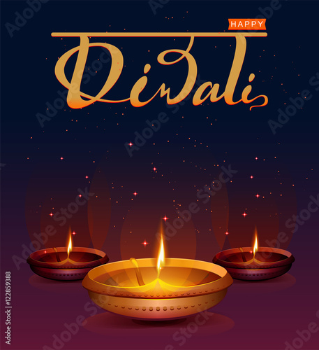 Happy Diwali festival of lights. Retro oil lamp on background night sky with stars