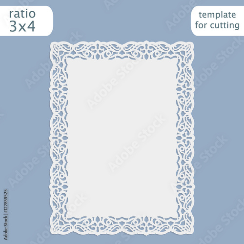 Laser cut wedding invitation card template with openwork border.  Cut out the paper card with lace pattern.  Greeting card template for cutting plotter. Vector.
