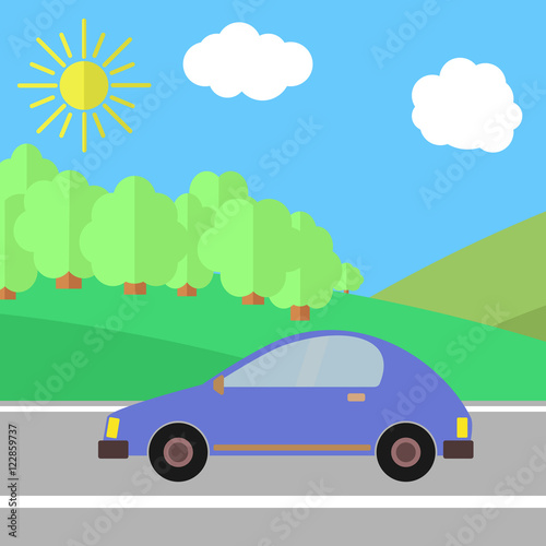 Blue Car on a Road on a Sunny Day. Summer Travel Illustration.  