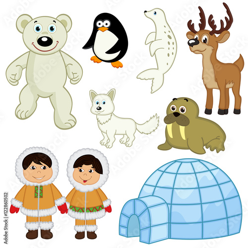 set of isolated  animals and people in the Arctic - vector illustration, eps
