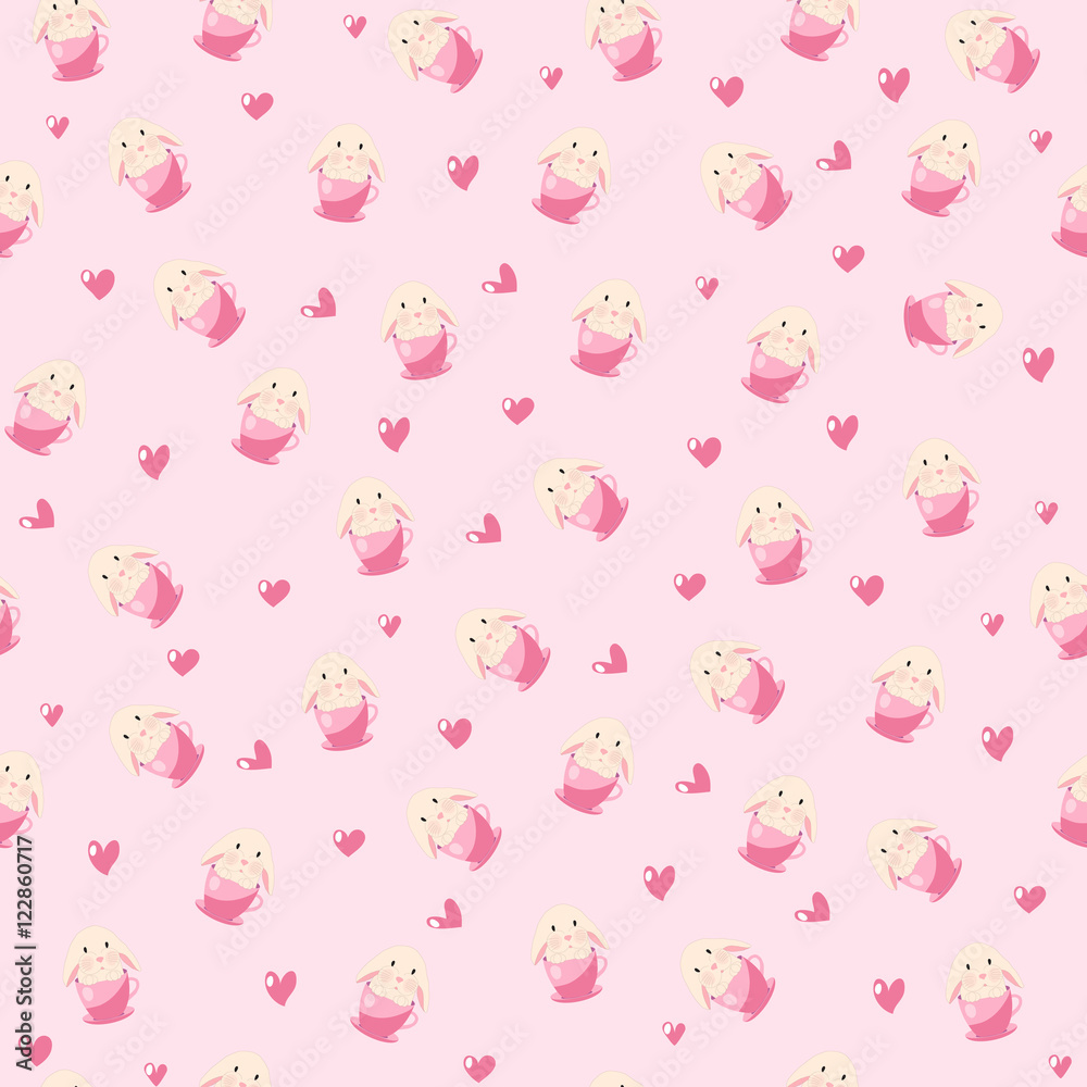 cute rabbit in teacup and hearts illustration, seamless pattern on pink background