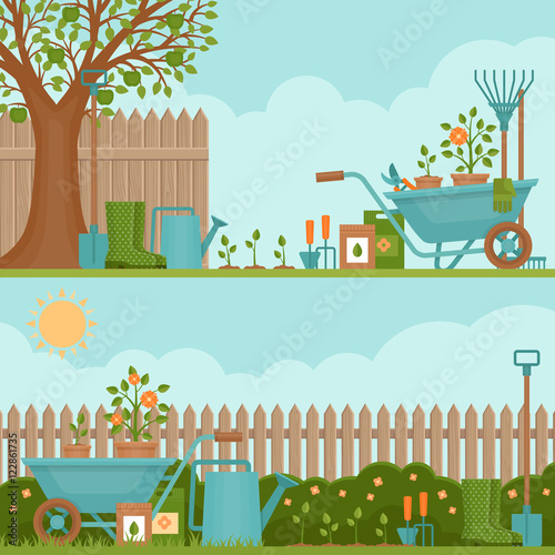 Concept of gardening. Garden tools. Banner with summer garden landscape. Flat style, vector illustration.