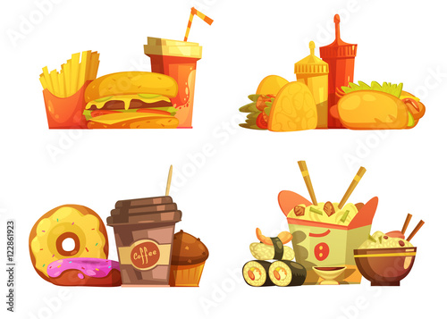 Fast Food Meal Retro Cartoon Set 