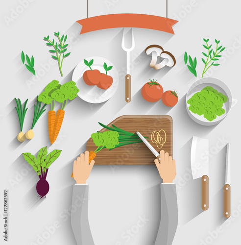 Chef cooking veg food, vector illustration flat