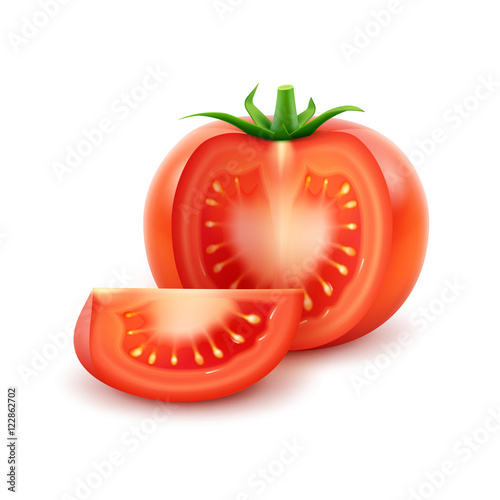 Vector Big Ripe Red Fresh Cut Tomato Close up Isolated on White Background