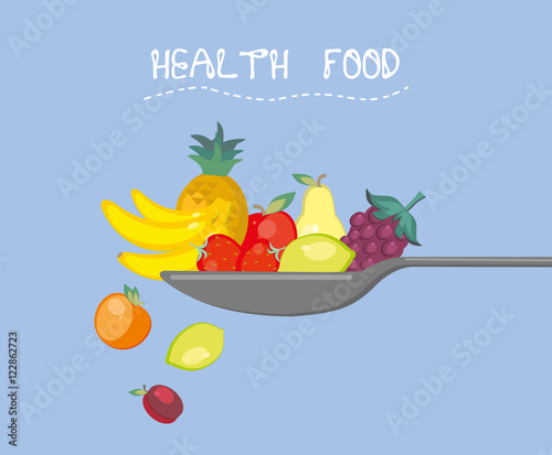 Spoon with fresh fruits. Conceptual composition. Vector illustration.