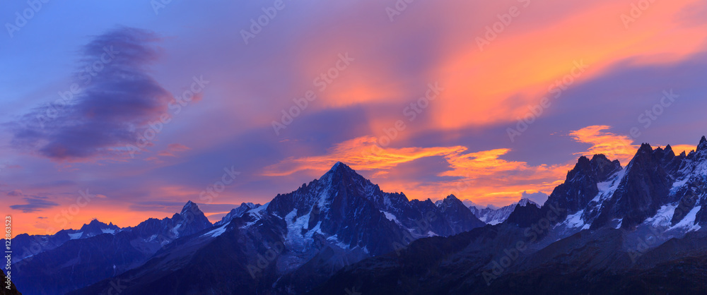 Panorama of the Alps near Chamonix during a colorful, autumn sunrise.