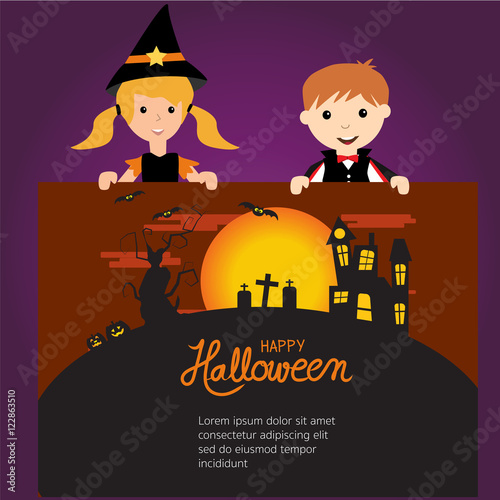 Happy Halloween background with cute little vampire and witch  v