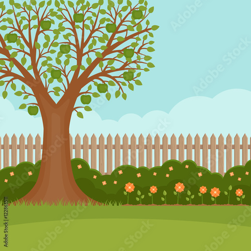 Gardening. Banner with summer garden landscape. Apple tree, flower bushes, wood fence and lawn. Flat style, vector illustration.