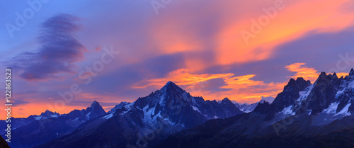 Panorama of the Alps near Chamonix during a colorful, autumn sunrise.