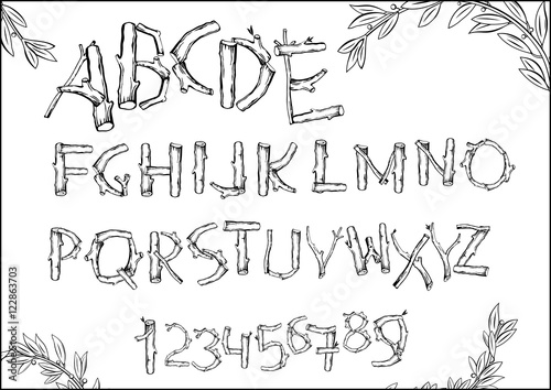 Font of woodchucks and sticks, twigs, leaves. Vector graphics. Numbers and letters