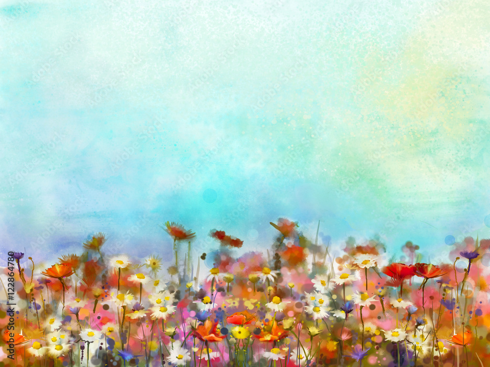 Obraz Akwarela maluje purpurowego kosmosu kwiatu, biała stokrotka, chabrowa, wildflower. Kwiaty łąka, zielone pola obrazy. Ręcznie malowane kwiatowy i zielone błękitne niebo. Wiosenny kwiat natura tło