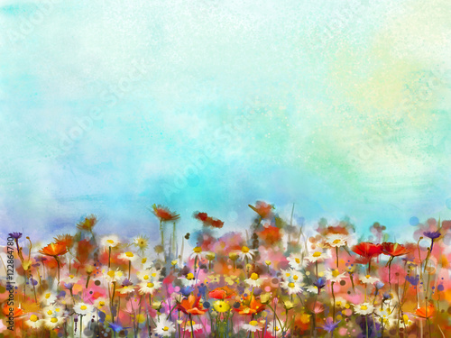 Obraz na płótnie Akwarela maluje purpurowego kosmosu kwiatu, biała stokrotka, chabrowa, wildflower. Kwiaty łąka, zielone pola obrazy. Ręcznie malowane kwiatowy i zielone błękitne niebo. Wiosenny kwiat natura tło